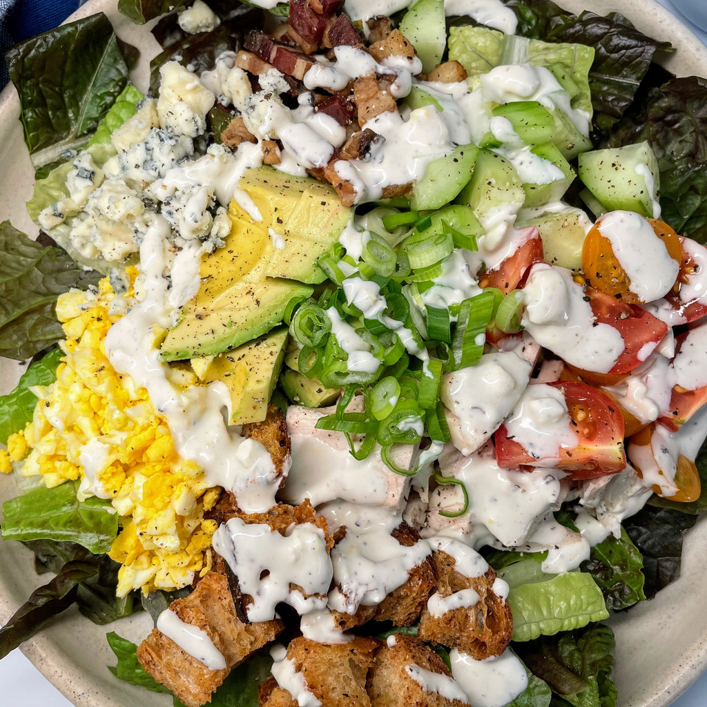 cobb salad blue cheese dressing Turkey Cobb Salad with Creamy Blue Cheese Dressing