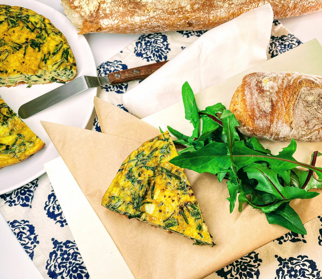 Spring Greens Frittata with Comté, Dandelion Greens & Flowering Onions