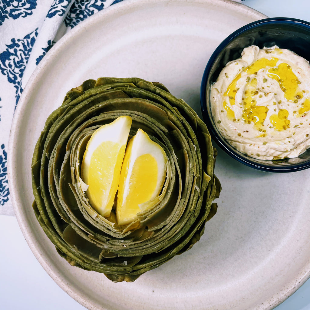 Boiled Artichoke with Spiced Labneh